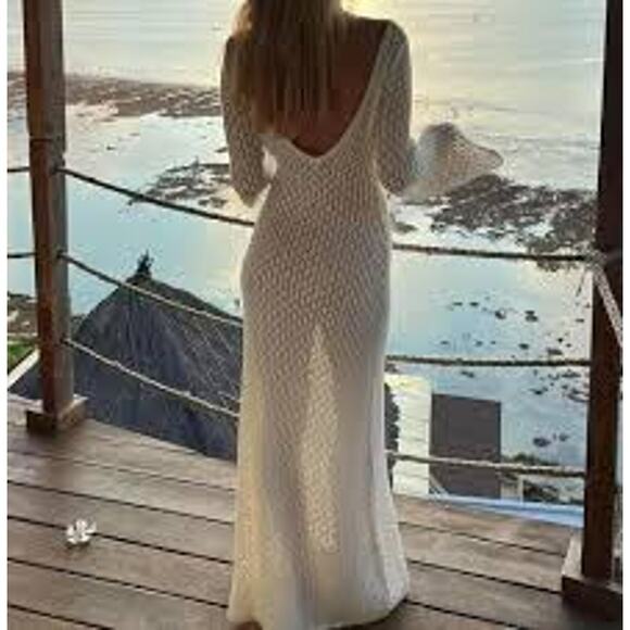 SEXY White Knitted Maxi Dress Sheer Crochet Pearl Sz Small S FEMININE MINIMALIST - Picture 2 of 5